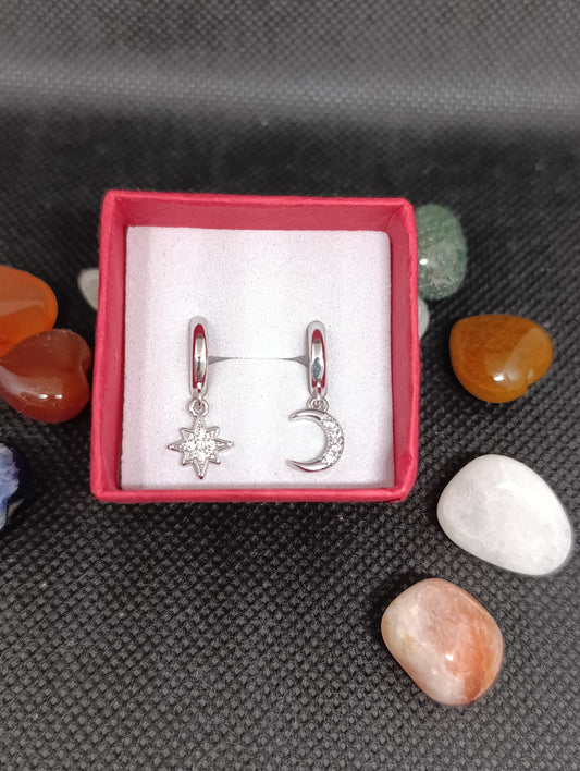 Boucle d'oreille étoile et lune en argent