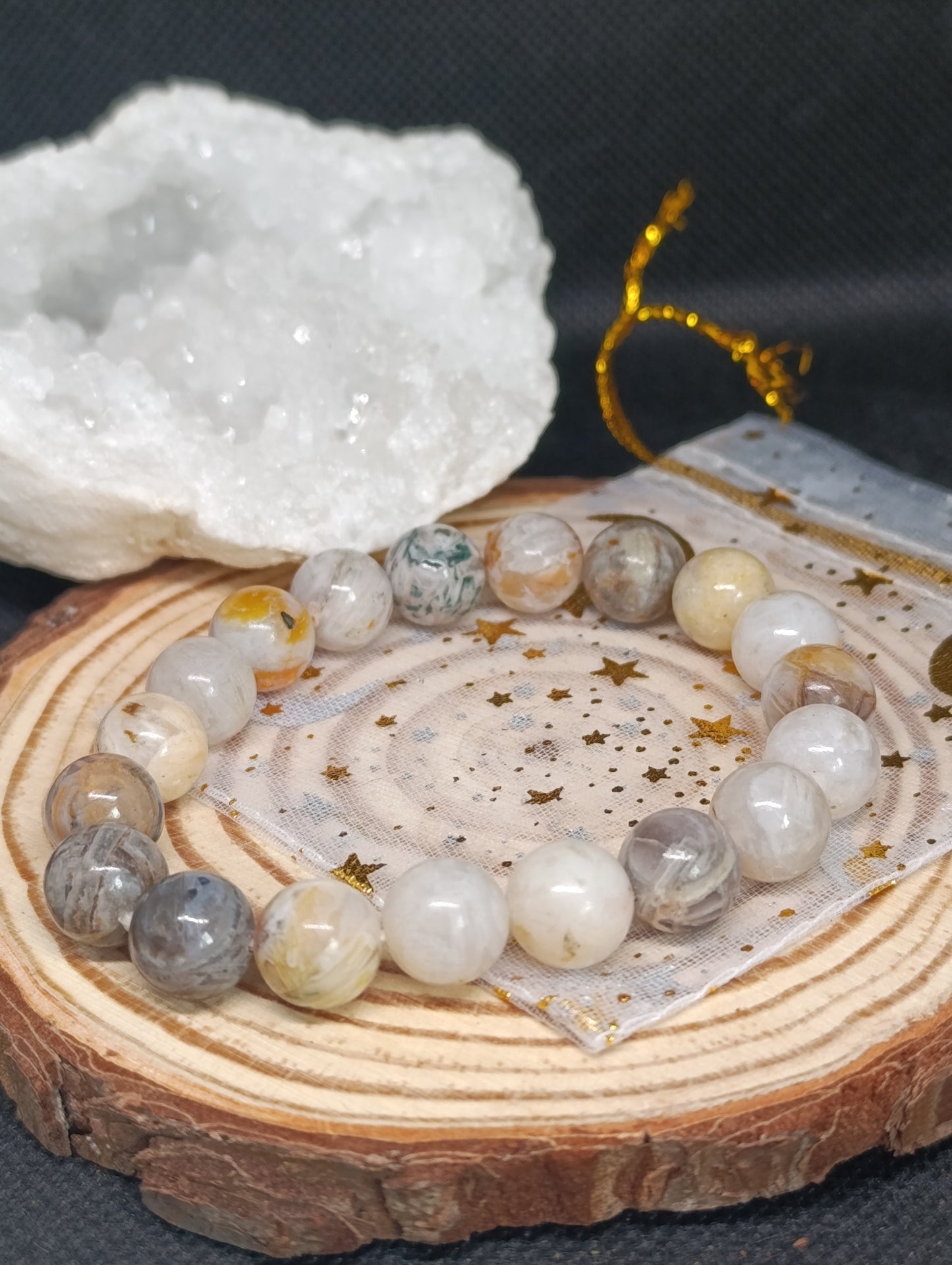Bracelet boule Agate Plume 10mm